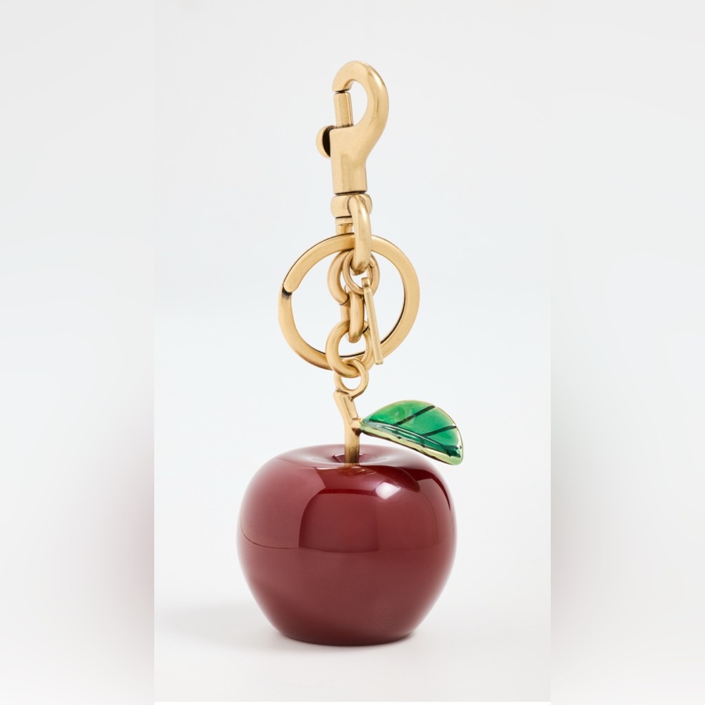 Coach Red Apple Bag Charm with Gold Hardware and Green Leaf